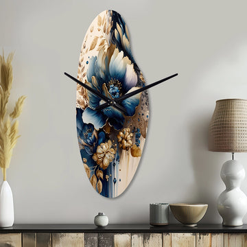 Blue And Gold Floral Bunch III - Asymmetric Metal Wall Clock